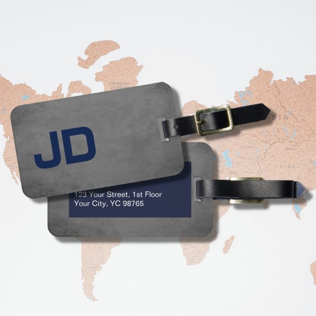 Cool Elegant Texture Grey Blue Monogram Luggage Tag (Creator Uploaded)