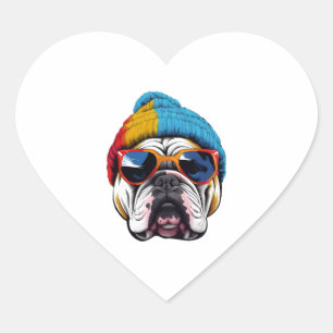 Cool English Bulldog Wearing A Beanie Hat Heart Sticker