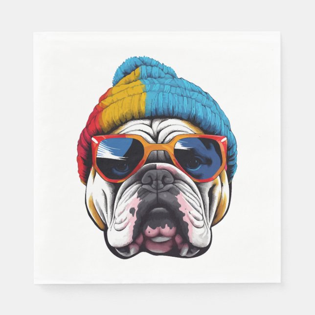Cool English Bulldog Wearing A Beanie Hat Napkin (Front)