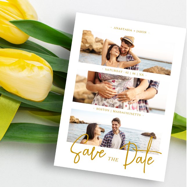 Cool Fake Golden Romantic Wedding 3 Multi Photos Save The Date (Creator Uploaded)