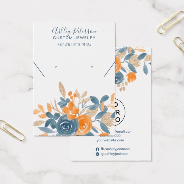 Cool fall orange blue floral watercolor earrings (Office)