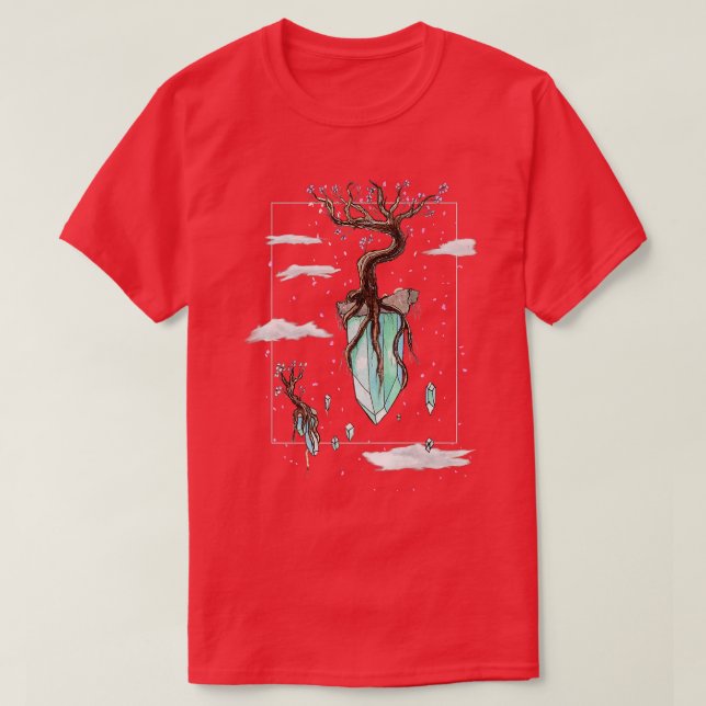 Cool Fantasy Floating Crystals Sakura Tree Islands T-Shirt (Design Front)