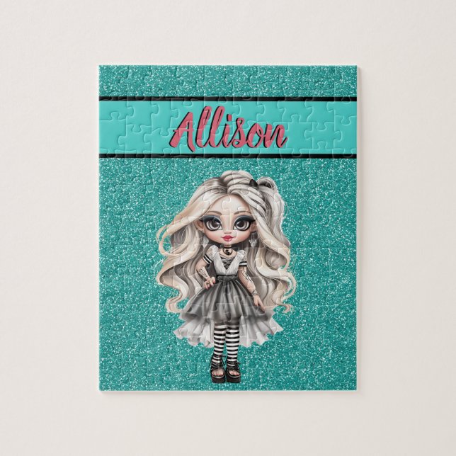 Cool Fashion Girl Turquoise Glitter Personalised Jigsaw Puzzle (Vertical)