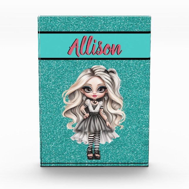 Cool Fashion Girl Turquoise Glitter Personalised Photo Block (Front)