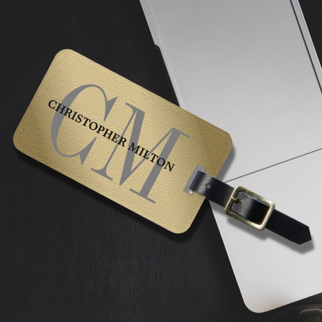 Cool Faux Copper Bold Grey Monogram Luggage Tag (Creator Uploaded)
