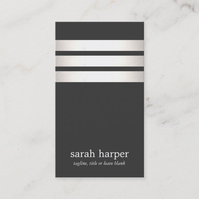 Cool Faux Silver Foil and Black Striped Modern Business Card (Front)