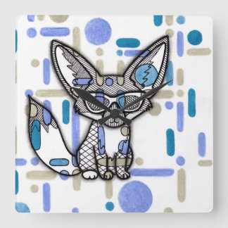 Cool Fennec Fox with Sunglasses Blue Geometric Squ Square Wall Clock