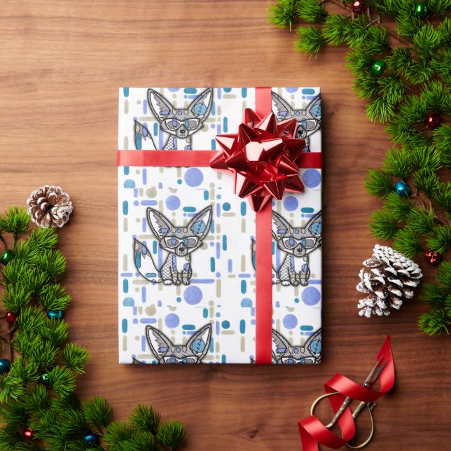Cool Fennec Fox with Sunglasses Blue Geometric Wra Wrapping Paper (Holiday Gift)