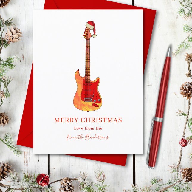 Cool Fire Guitar Merry Christmas Holiday Postcard (Music themed merry christmas cool stylish fire electric guitar personalized holidays postcard)