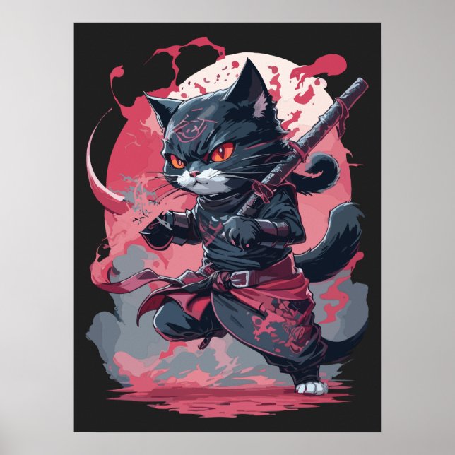 Cool Fire Splash Black Ninja Cat Warrior Poster (Front)