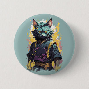 Cool Fire Splash Grey Ninja Cat Warrior 6 Cm Round Badge