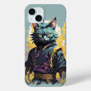 Cool Fire Splash Grey Ninja Cat Warrior iPhone 15 Mini Case