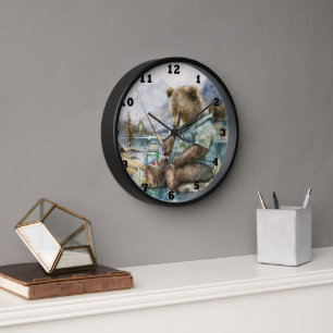cool fishing lovers bear watercolor Clock
