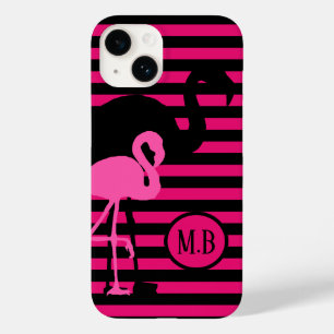 Cool Flamingo Black and Pink Stripes Monogram Case-Mate iPhone 14 Case