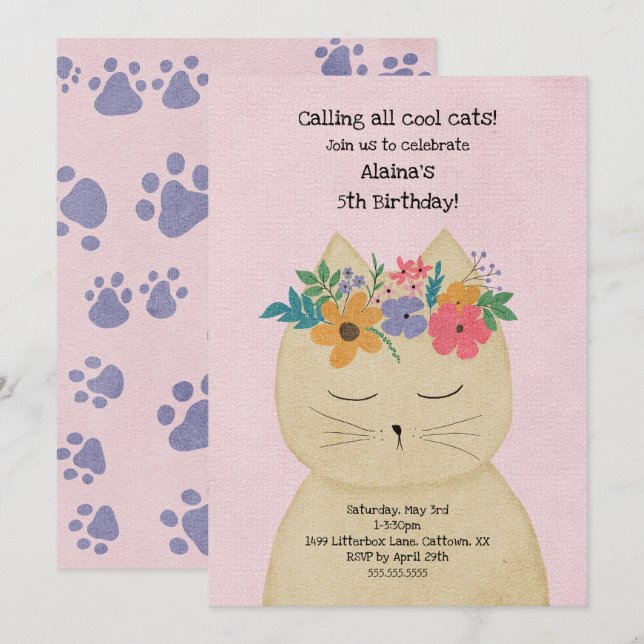 Cool Floral Cat girl birthday party invitation (Front/Back)