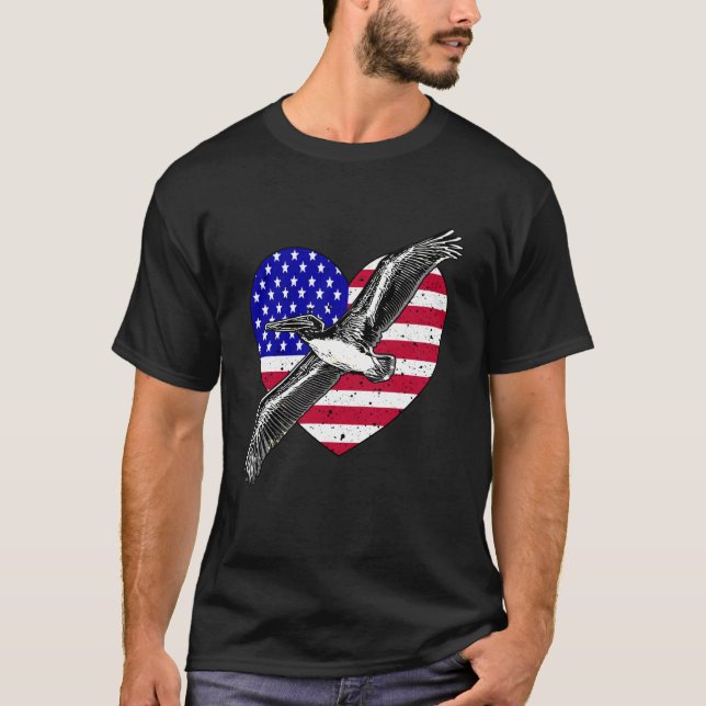 Cool Flying Birds Flag Heart America Pelican Birds T-Shirt (Front)