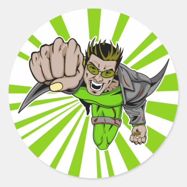 Cool flying super hero comic character classic round sticker (Front)