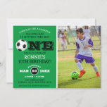 Cool Football Soccer Kids Photo Birthday Invitation<br><div class="desc">Hitting the big one! A birthday invitation for any age,  with a football/soccer theme,  featuring a green background,  white and black text,  a football,  a photograph of the birthday child and a modern birthday party template that is easy to customise.</div>