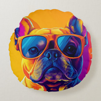 Cool French bulldog dog with sunglasses Round Cushion