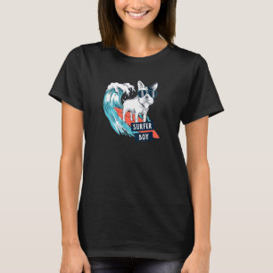 Cool Frenchie Bull Dog Surfer Boy Surfing Riding W T-Shirt