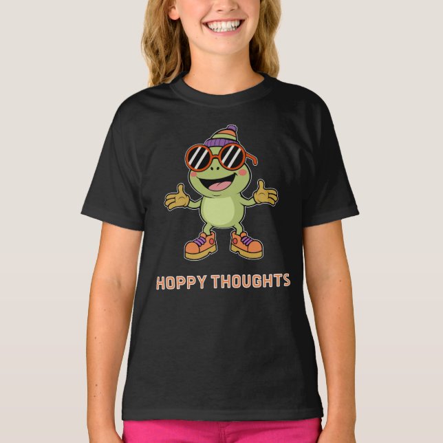 Cool Frog Hoppy Thoughts Cartoon T-Shirt (Front)