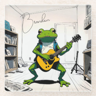 Cool Frog Playing Guitar in Bedroom Studio Glass Coaster