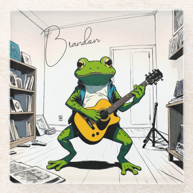 Cool Frog Playing Guitar in Bedroom Studio Glass Coaster (Front)