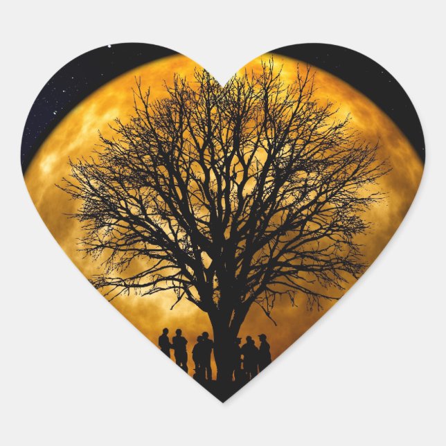 Cool Full Harvest Moon Tree Silhouette Gifts Heart Sticker (Front)