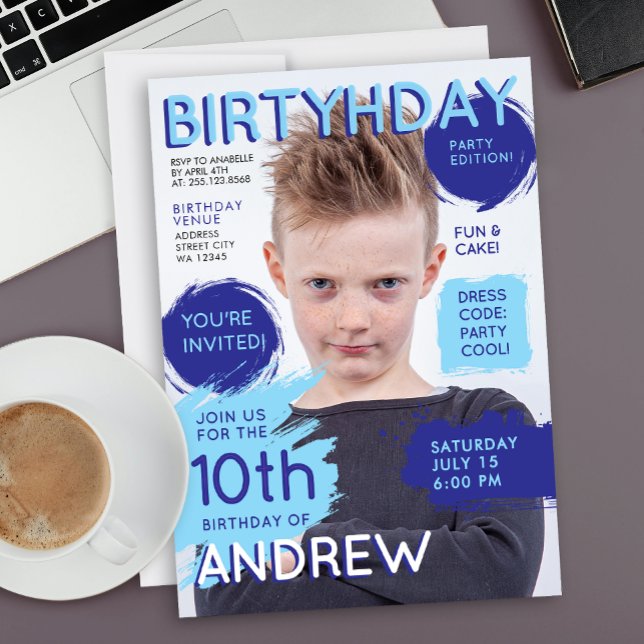 Cool Fun Blue Magazine Cover Boys Birthday Photo  Invitation (Creator Uploaded)
