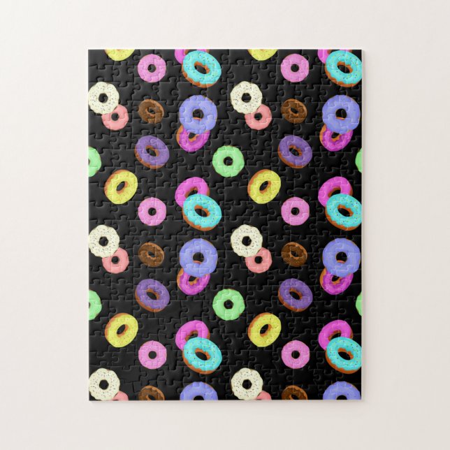 Cool fun colorful donuts pattern black jigsaw puzzle (Vertical)