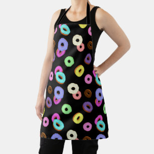 Cool fun colourful doughnuts pattern black apron