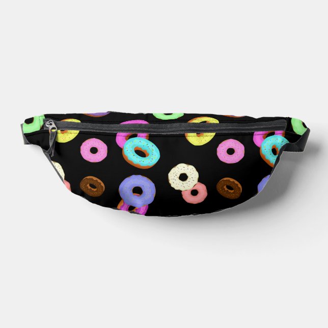 Cool fun colourful doughnuts pattern black bum bags (Lay Down)