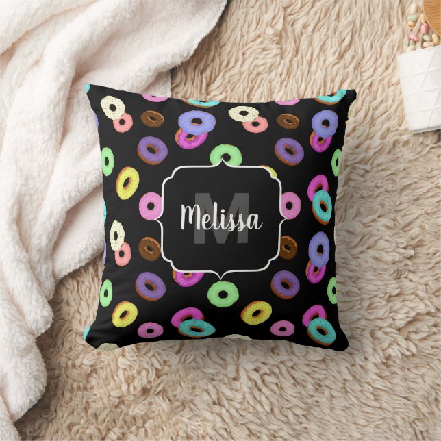 Cool fun colourful doughnuts pattern black Monogra Cushion (Blanket)