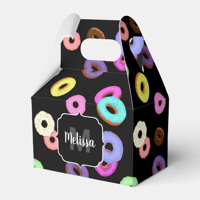 Cool fun colourful doughnuts pattern black Monogra Favour Box (Front Side)