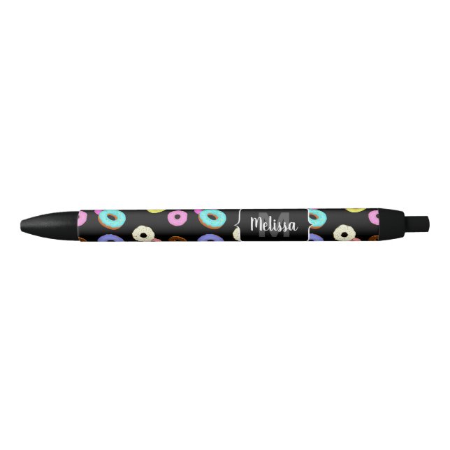 Cool fun colourful doughnuts pattern black Monogra Ink Pen (Front)