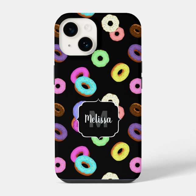 Cool fun colourful doughnuts pattern black Monogra iPhone Case (Back)