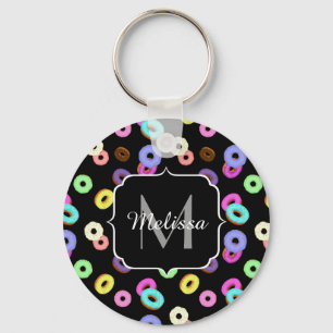 Cool fun colourful doughnuts pattern black Monogra Key Ring
