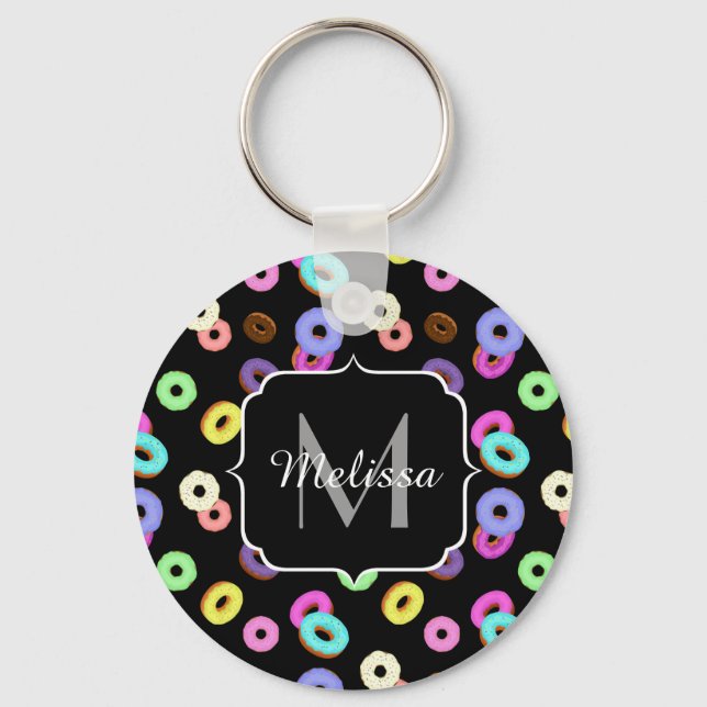 Cool fun colourful doughnuts pattern black Monogra Key Ring (Front)