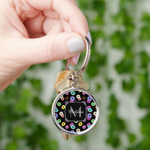 Cool fun colourful doughnuts pattern black Monogra Key Ring