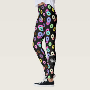 Cool fun colourful doughnuts pattern black Monogra Leggings