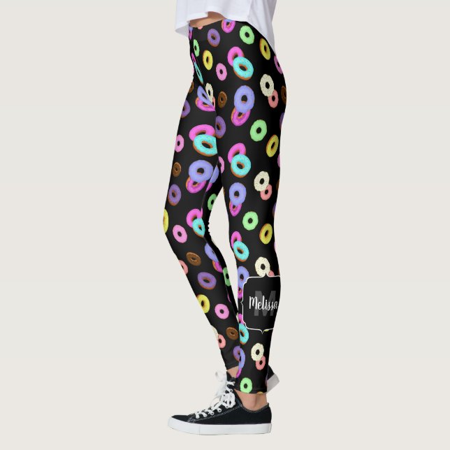 Cool fun colourful doughnuts pattern black Monogra Leggings (Left)