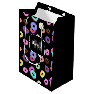 Cool fun colourful doughnuts pattern black Monogra Medium Gift Bag