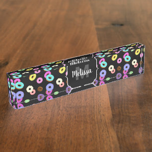 Cool fun colourful doughnuts pattern black Monogra Nameplate