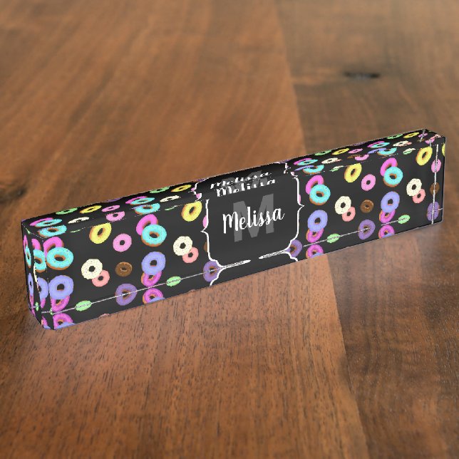 Cool fun colourful doughnuts pattern black Monogra Nameplate (Side)
