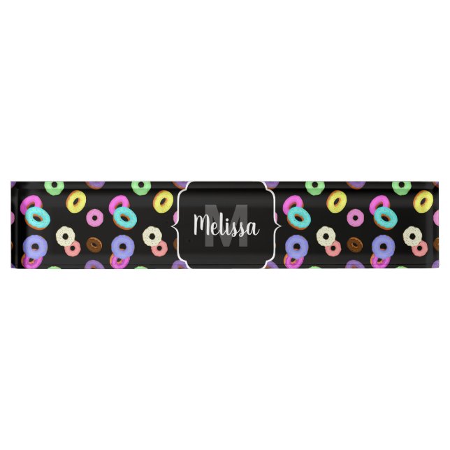 Cool fun colourful doughnuts pattern black Monogra Nameplate (Front)