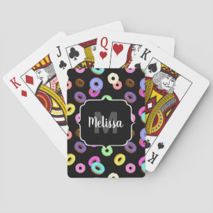 Cool fun colourful doughnuts pattern black Monogra Playing Cards