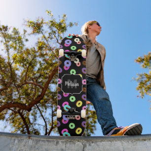 Cool fun colourful doughnuts pattern black Monogra Skateboard