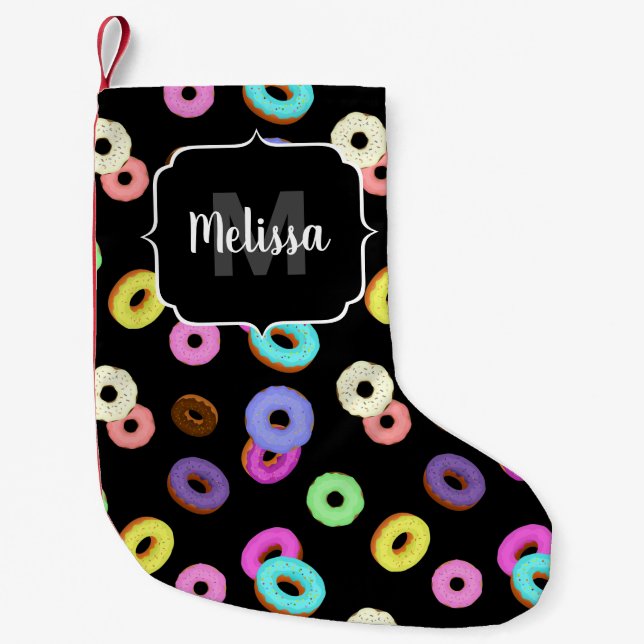 Cool fun colourful doughnuts pattern black Monogra Small Christmas Stocking (Front)