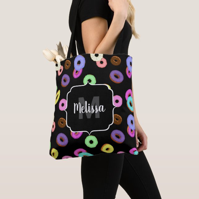 Cool fun colourful doughnuts pattern black Monogra Tote Bag (Close Up)
