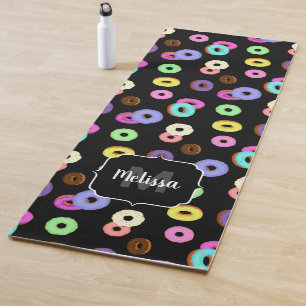 Cool fun colourful doughnuts pattern black Monogra Yoga Mat